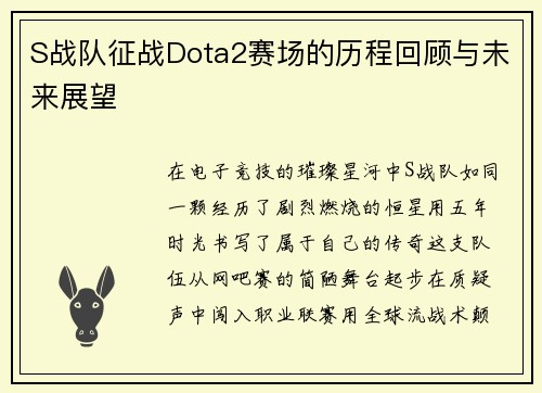 S战队征战Dota2赛场的历程回顾与未来展望